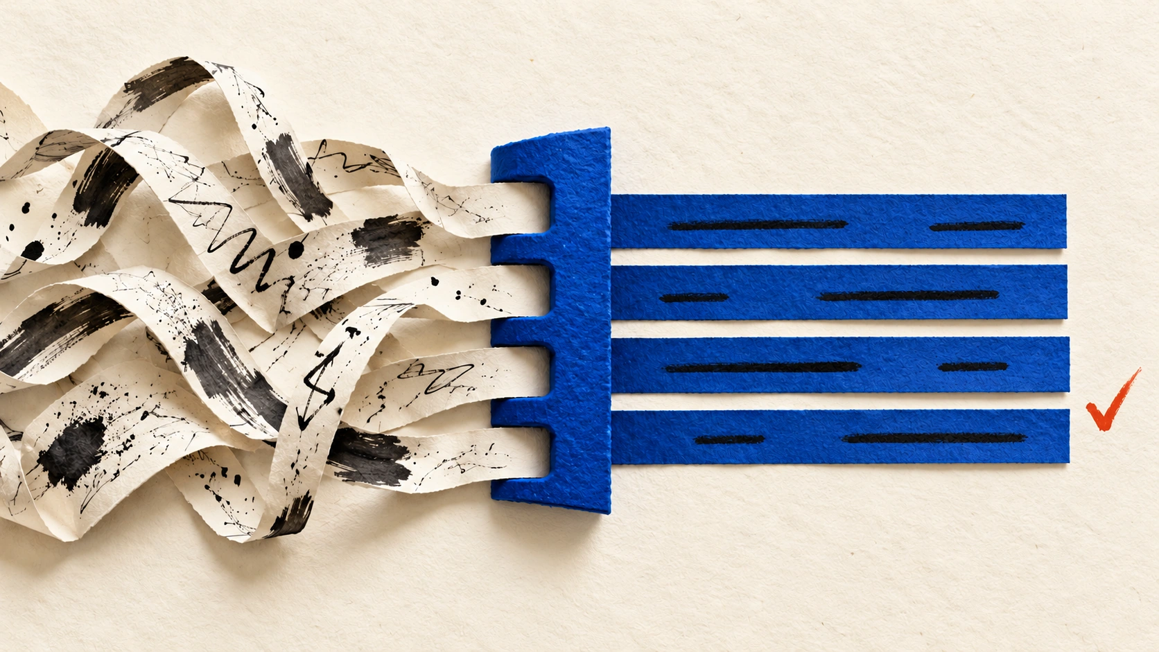 Tangled inked paper strips pass through a cobalt comb and emerge as four orderly bands beside a red check mark.