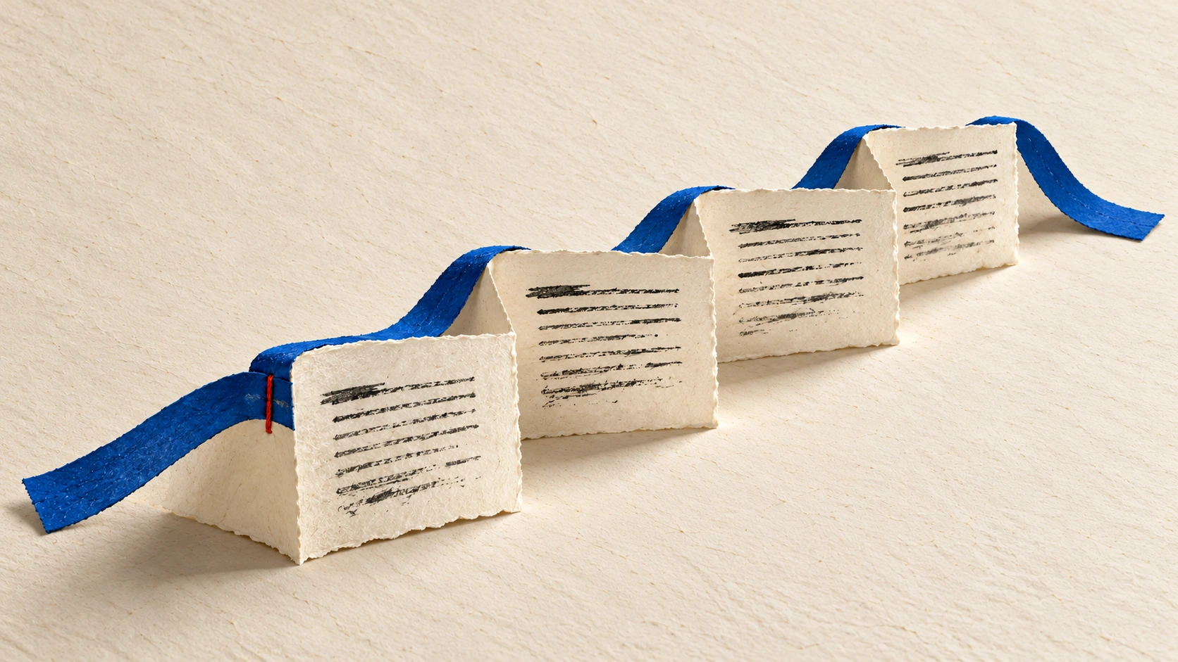 An accordion-folded paper manuscript forms connected sections, with a cobalt ribbon and a small vermilion stitch.