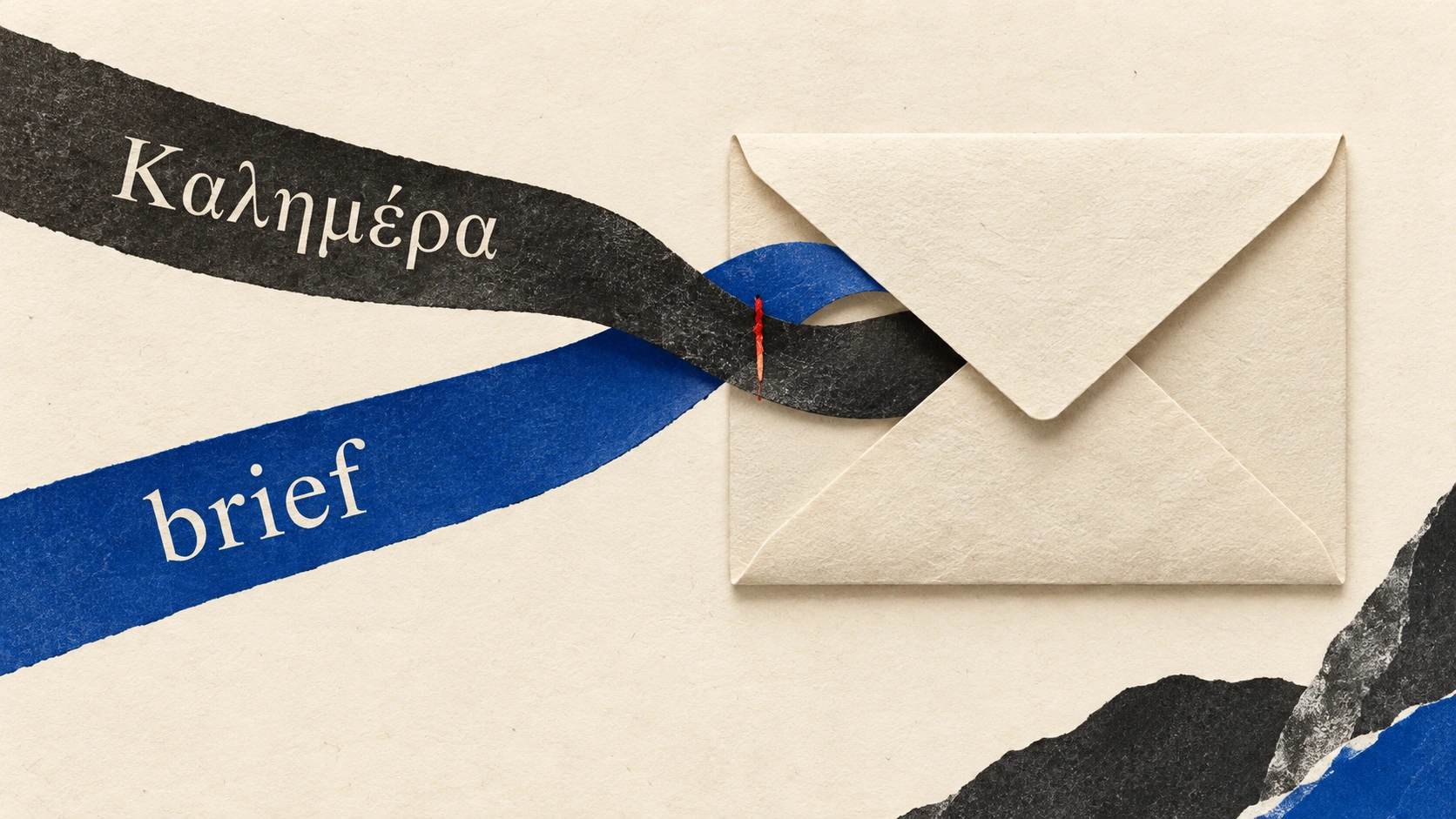 Cobalt and charcoal paper ribbons carrying Greek and English words weave together into an ivory envelope.