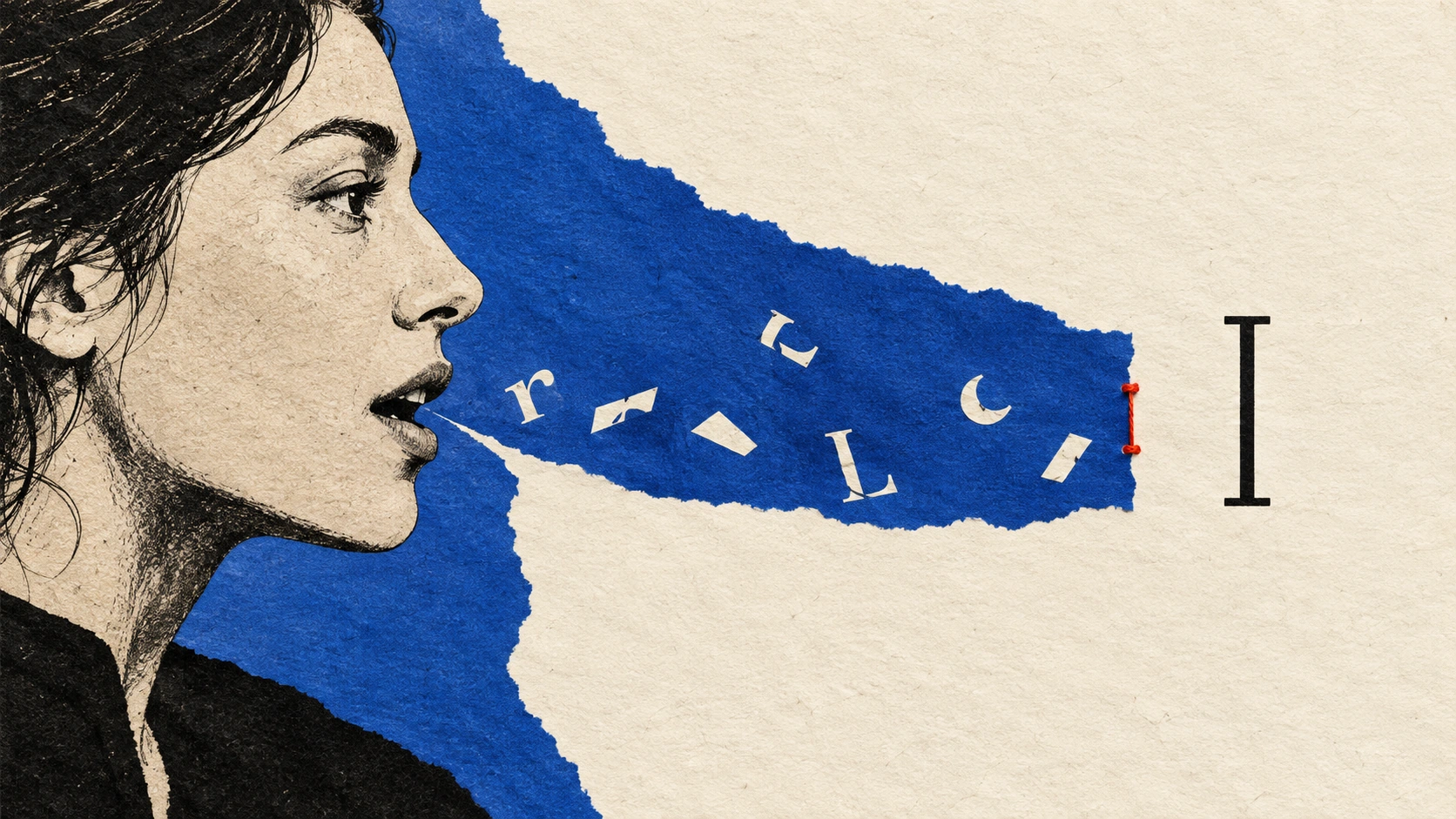 Editorial illustration of a speaking person sending letter fragments along a blue paper strip that stops before a text cursor.