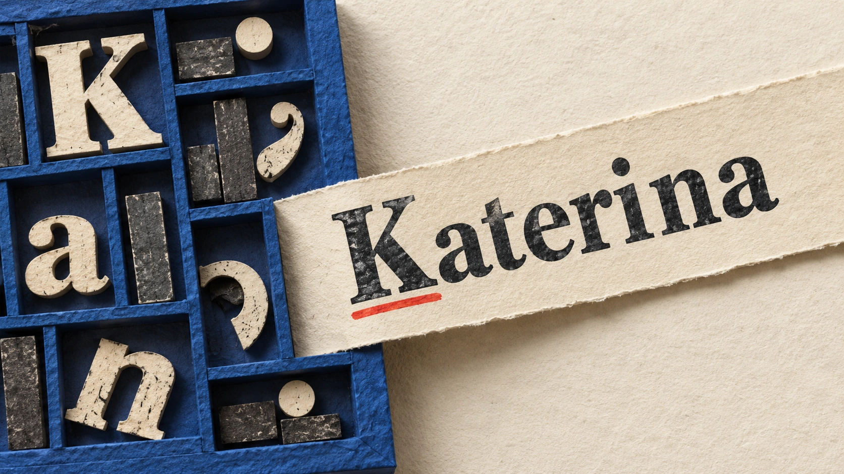 An ivory strip spelling Katerina emerges from a cobalt paper letterpress tray, with a small red mark under the initial K.