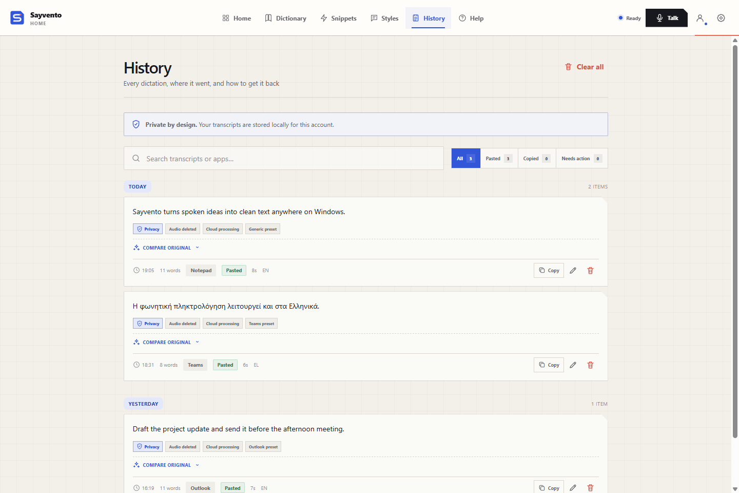 Sayvento History screen with sample data.