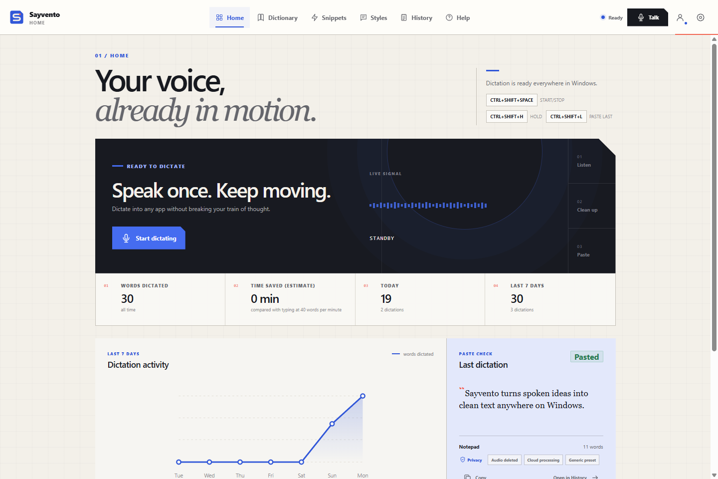 Sayvento Home with dictation shortcuts, words dictated, an estimate of time saved, recent activity and the last dictation.